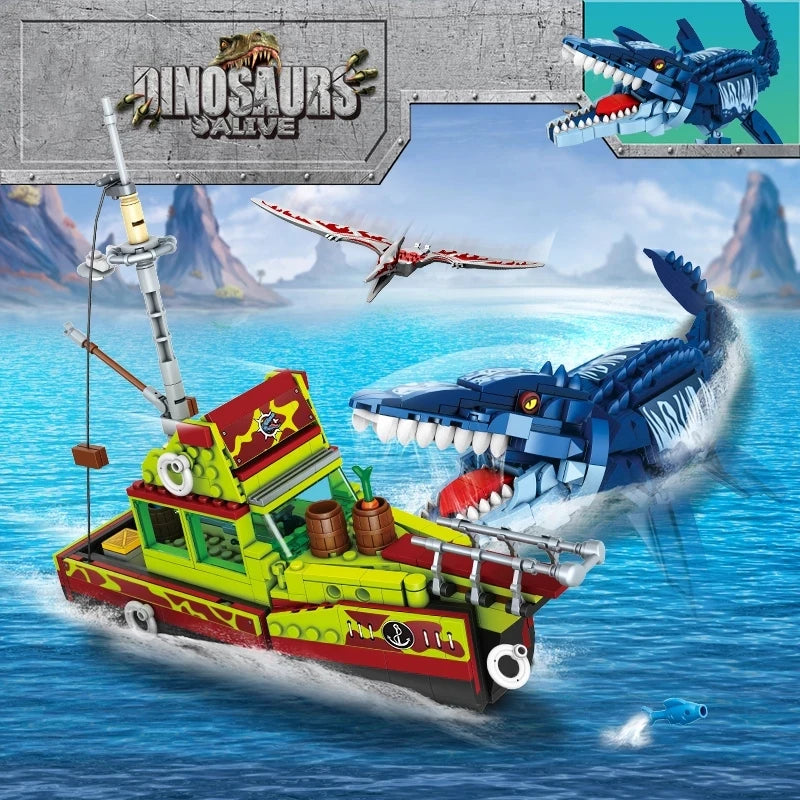 Jurassic Dinosaur Ship Toys Building Block DIY Escape From Ocean Mosasaurus Assembly Bricks Educational Sets Children Gifts