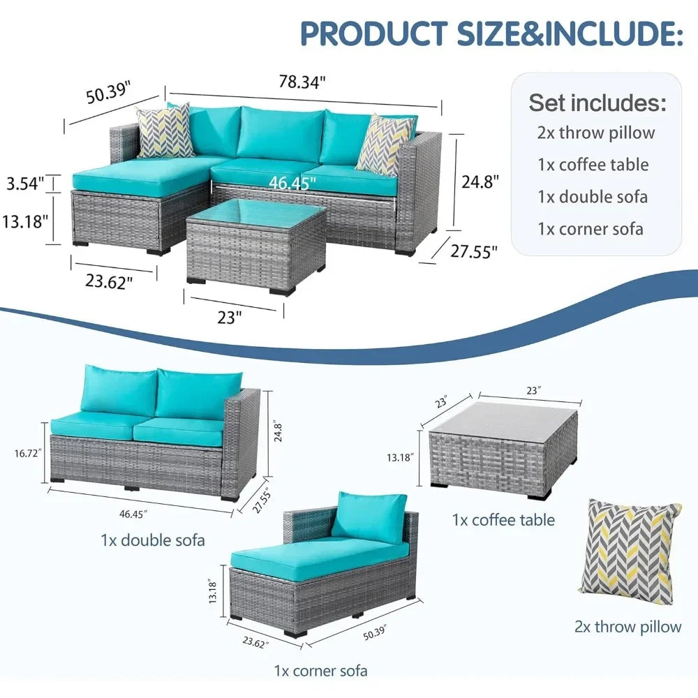 Patio Furniture Sets 3 Pieces Outdoor Sectional Sofa All-Weather Rattan Wicker Sofa with Washable Cushion and Glass Table