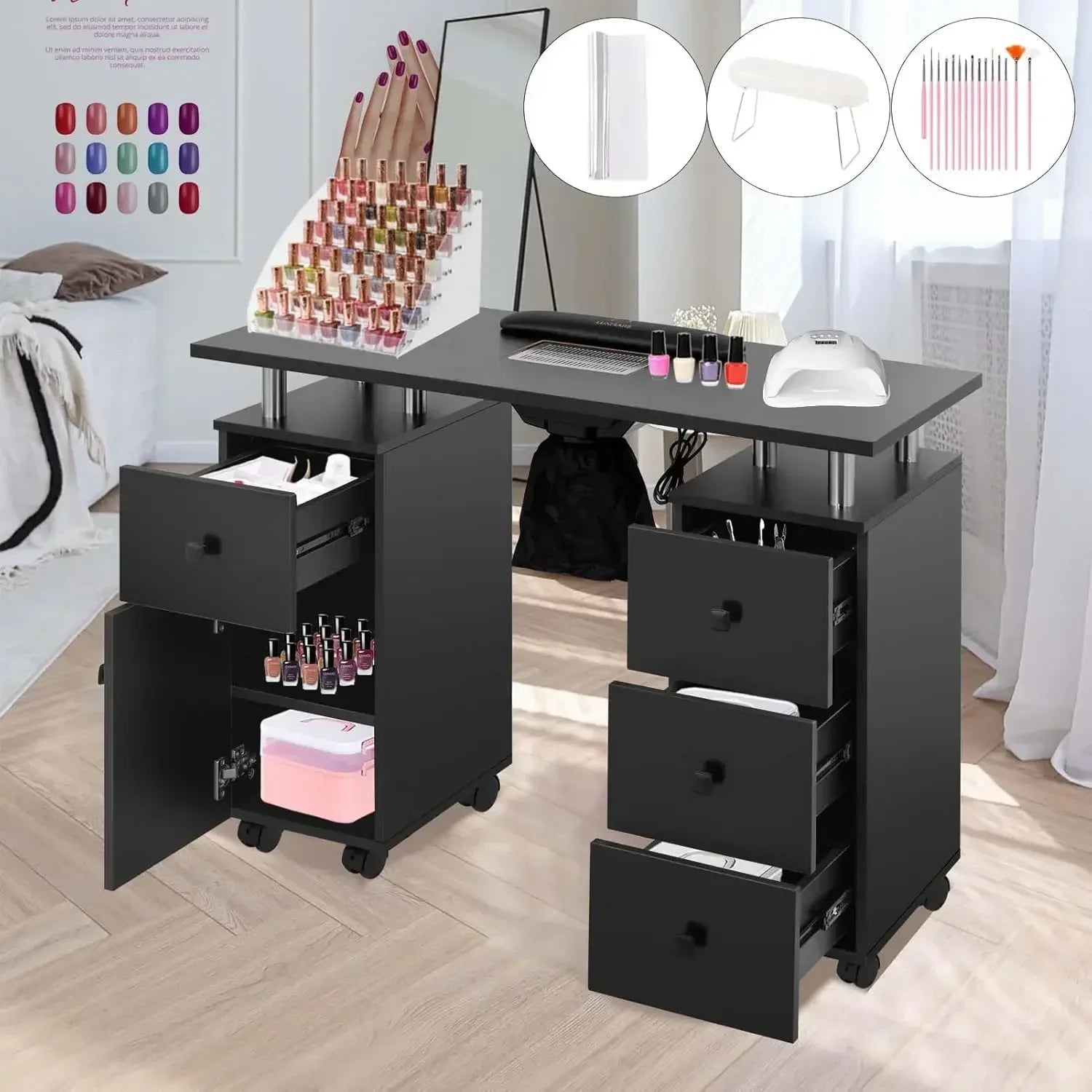 Nail Desk for Technician Manicure Table, Nail Table w/Electric Dust Collector & Wrist Rest Cushion, Acetone Resistant Nail Table