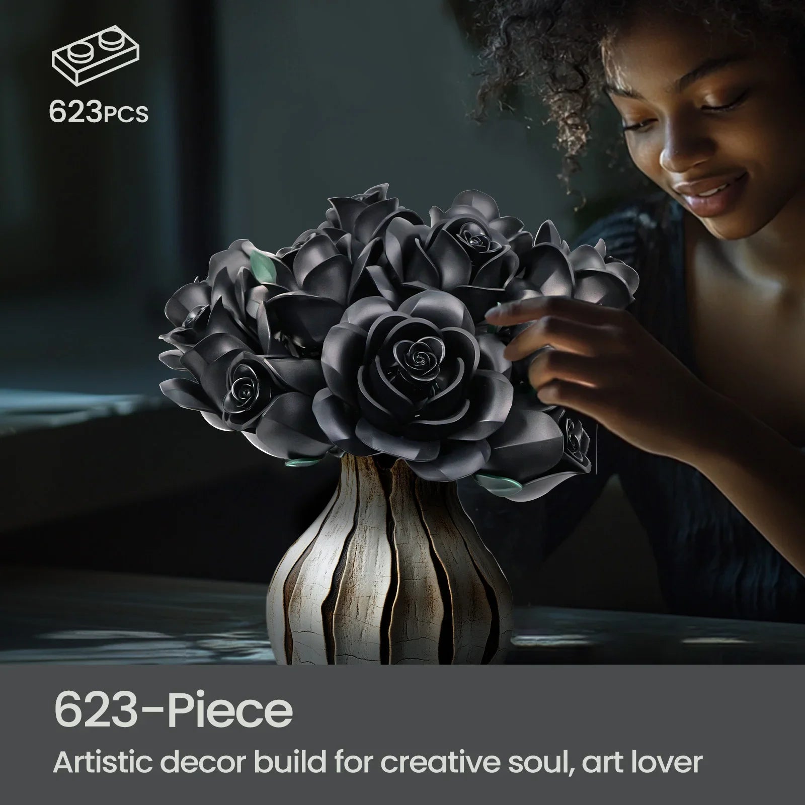 High Quality Black Rose Building Bricks Kit Simulated Roses Plant Bouquet Model Toys Girlfriend Birthday Gift(623 PCS)