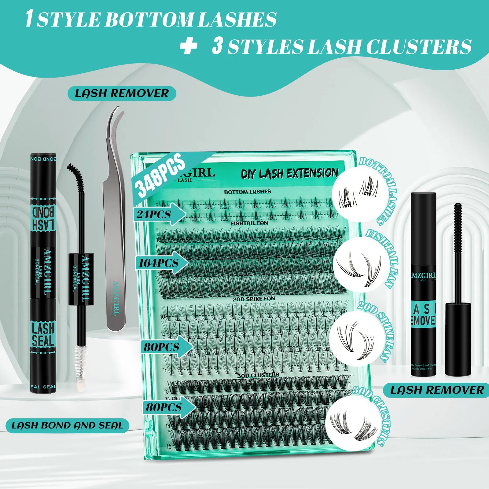 AMZGIRL LASH DIY Eyelashes Kit 348 Clusters Lash Bottom Lashes Fishtail Fan 20D Spike Fan 30D Clusters (D-Mix5-16mm kit)