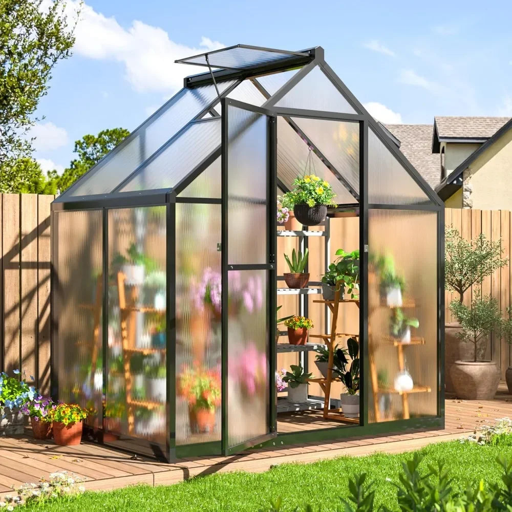 4x6 FT Greenhouse for Outdoors, Polycarbonate Greenhouse with Quick Setup Structure and Roof Vent, Aluminum Walk-in Greenhouse