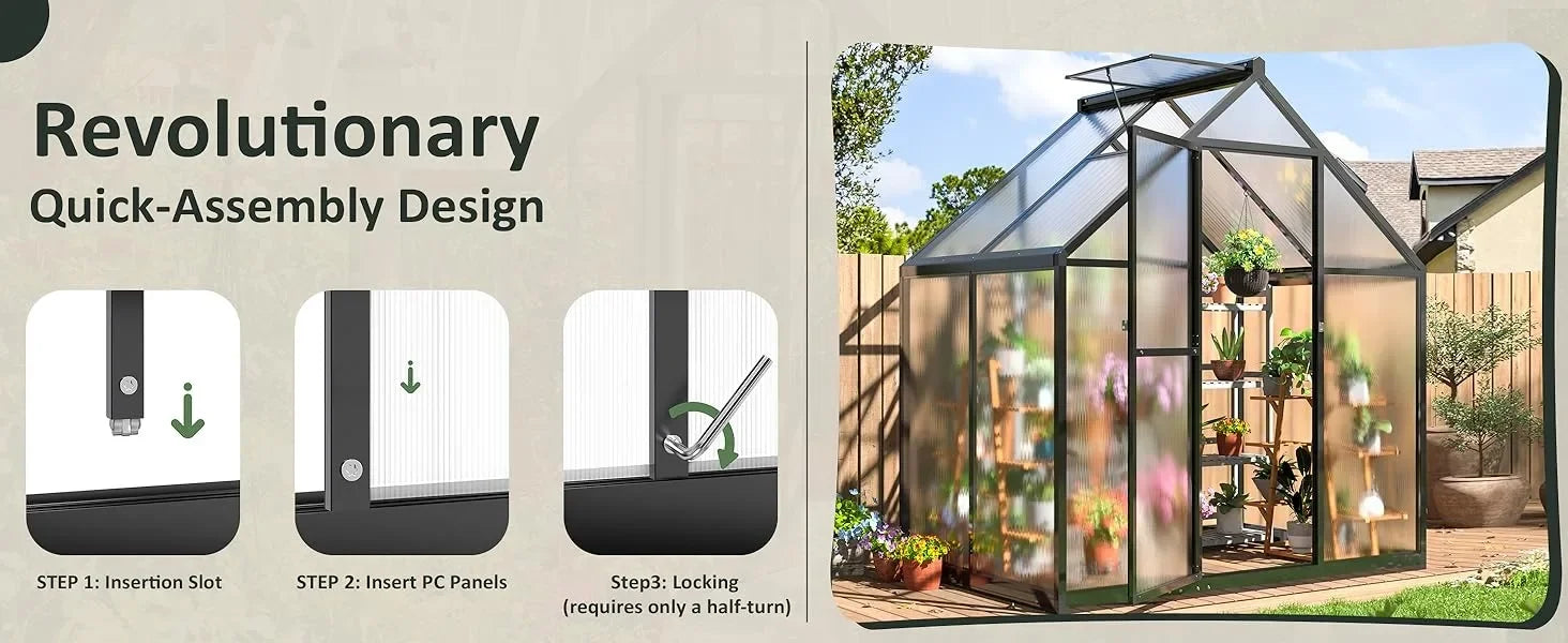 4x6 FT Greenhouse for Outdoors, Polycarbonate Greenhouse with Quick Setup Structure and Roof Vent, Aluminum Walk-in Greenhouse