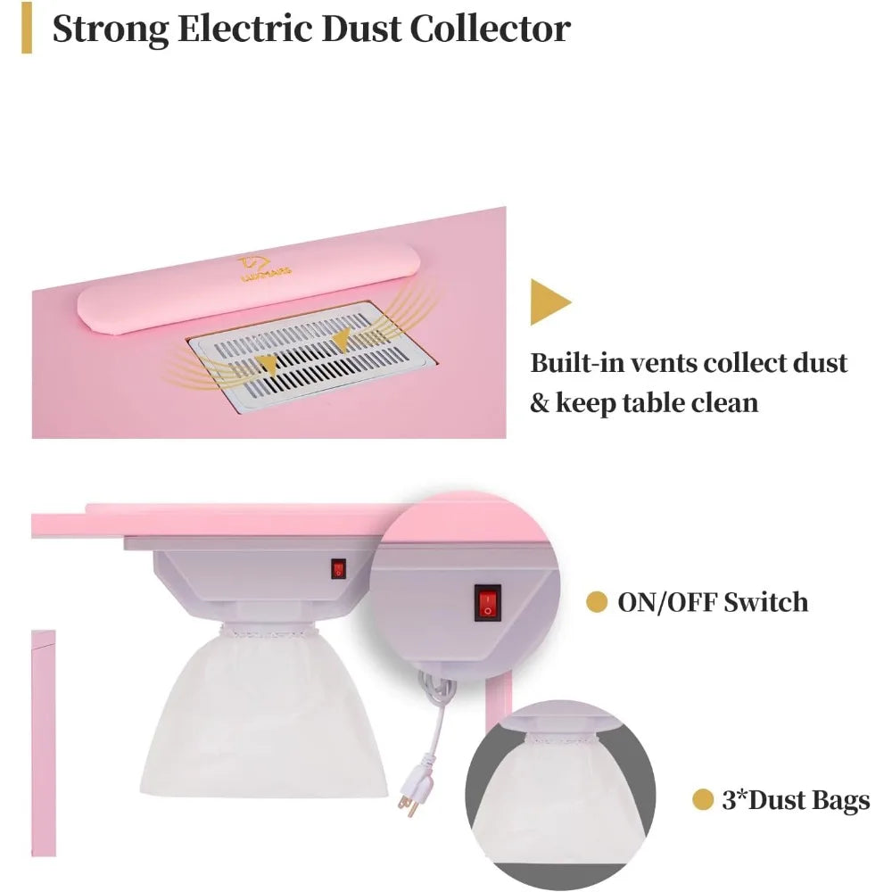 Nail Desk for Technician Manicure Table, Nail Table w/Electric Dust Collector & Wrist Rest Cushion, Acetone Resistant Nail Table