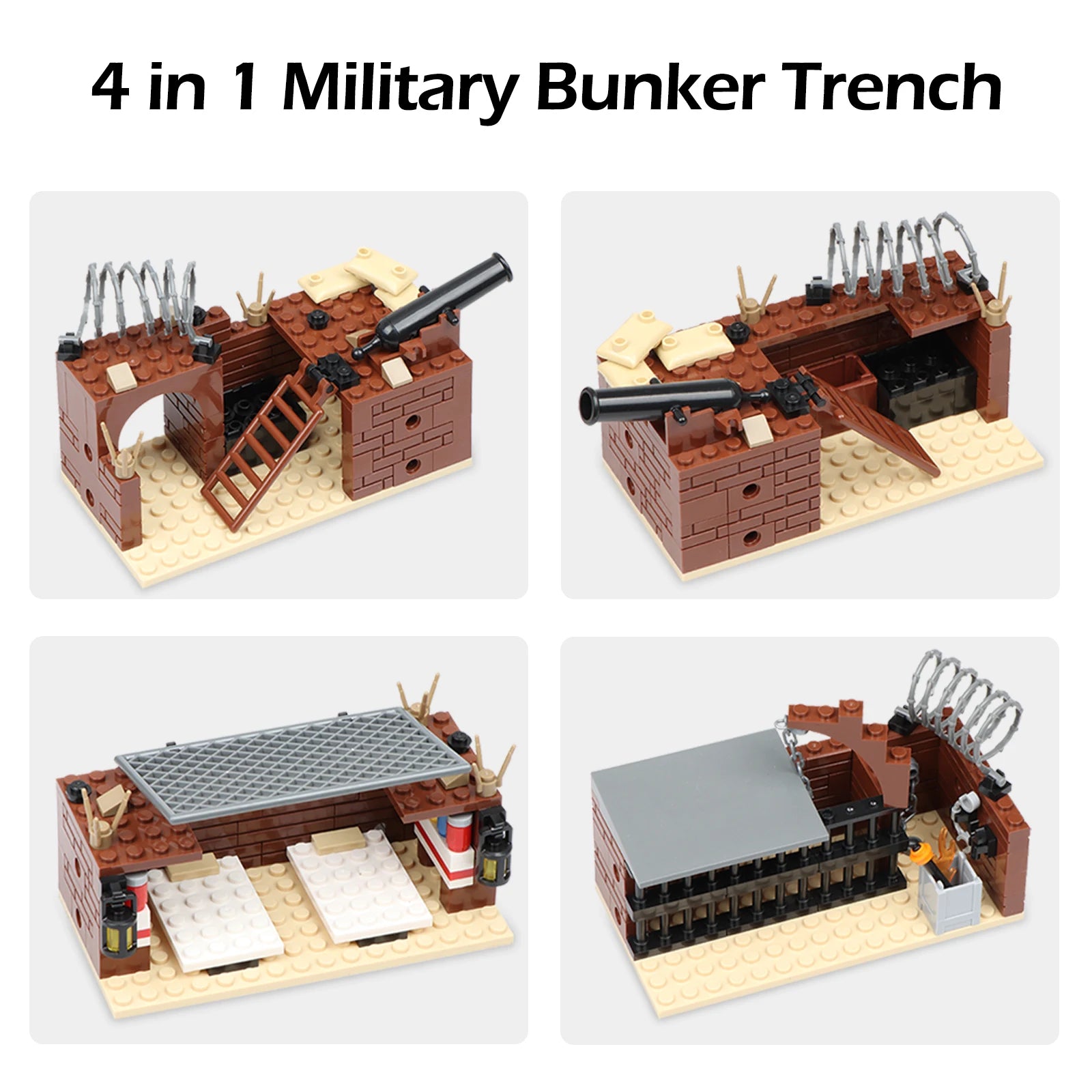 A Hot Sale 4 in 1 Military Bunker Trench Building Block Sets Military Base Assembled Models Boys Toys Simulate Games