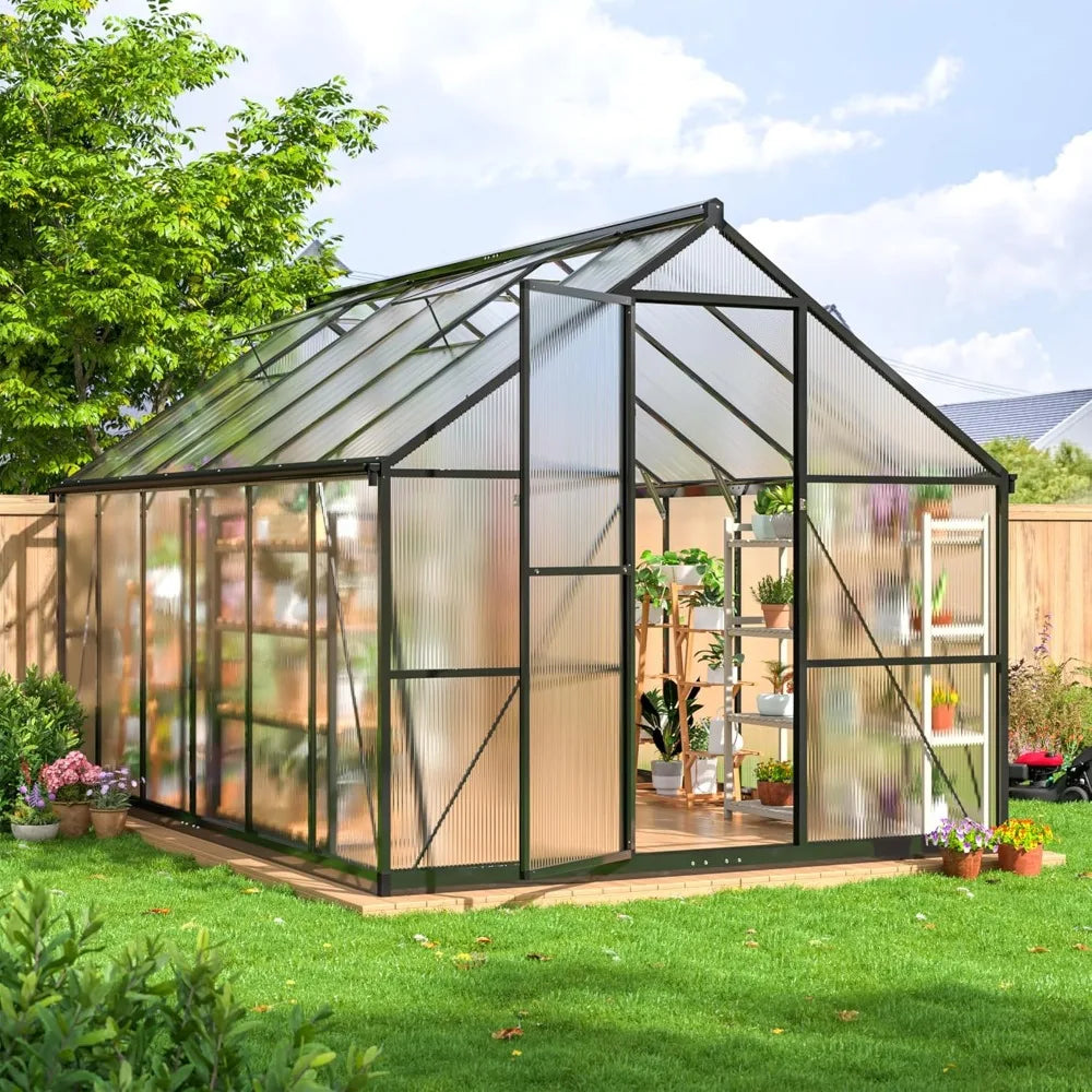 8x12 FT Greenhouse for Outdoors, Quick Setup Polycarbonate Greenhouse with Roof Vent, Aluminum Large Walk-in Greenhouse ，Black