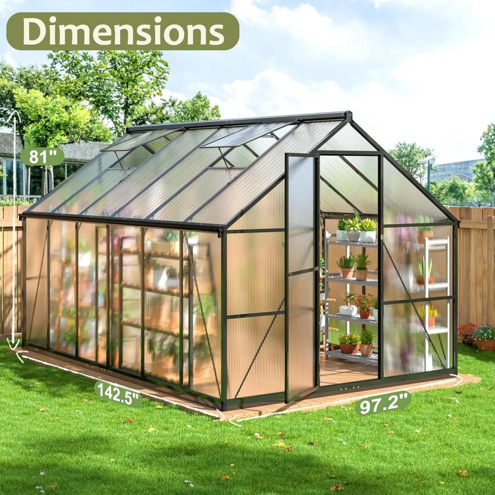 8x12 FT Greenhouse for Outdoors, Quick Setup Polycarbonate Greenhouse with Roof Vent, Aluminum Large Walk-in Greenhouse ，Black