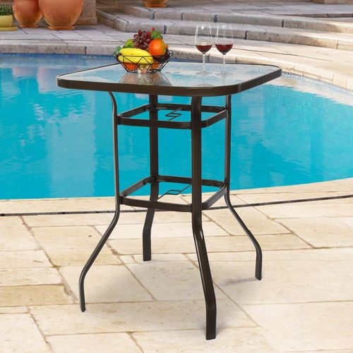 Elegant 31-Inch Square Patio Bar Table with Glass Top & Umbrella Hole