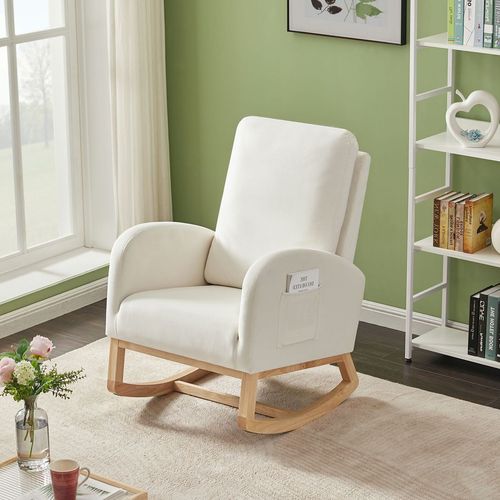 Beige Flannelette High Back Rocking Chair with Side Pocket - Cozy & Stylish!