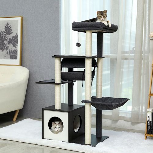 Deluxe 6-Level Cat Tree Tower with Cozy Hammock & Swing Tunnel - Grey