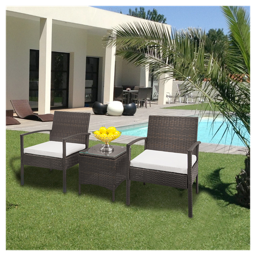 Cozy Rattan Sofa Set: 2 Arm Chairs & Coffee Table in Brown Gradient