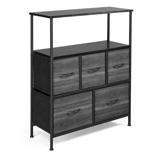 Stylish 5-Drawer Non-Woven Storage Cabinet with Top Shelf - Black Wood Grain Finish