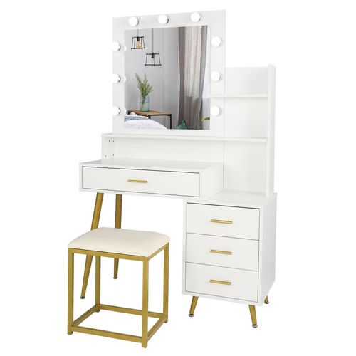 FCH Hollywood Vanity Set with LED Mirror, Cushioned Stool & Ample Storage