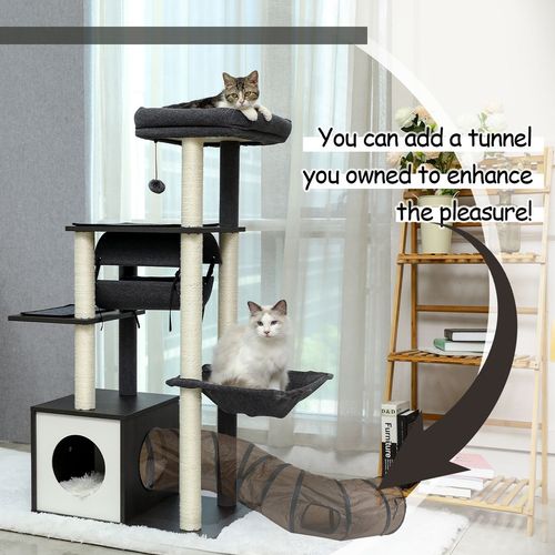 Deluxe 6-Level Cat Tree Tower with Cozy Hammock & Swing Tunnel - Grey