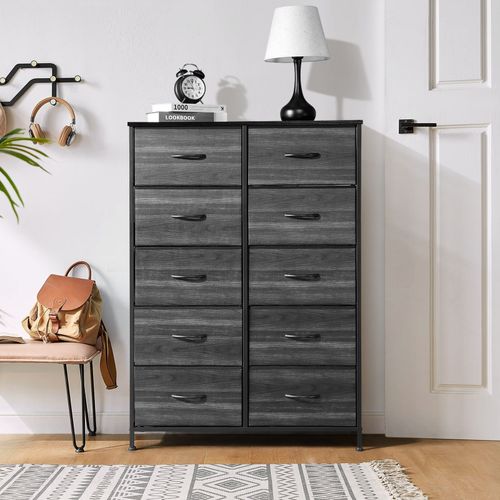 Stylish 10-Drawer Non-Woven Storage Cabinet in Black Wood Grain Finish