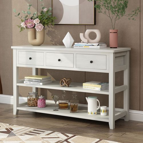 Antique White Console Table with 3 Drawers & 2 Shelves – Rustic Elegance