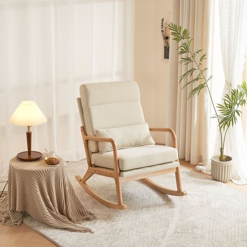 Elegant Off-White High Back Rocking Chair with Dual-Use Armrest & Pillow