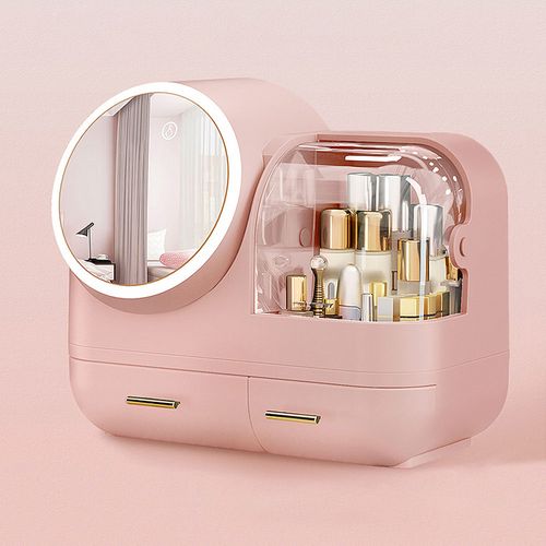 Joybos® LED Makeup Organizer Box: Chic Pink Storage with Illuminated Mirror