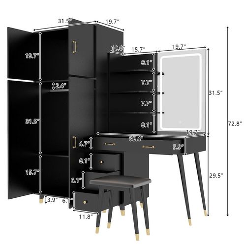 Chic Dual Makeup Vanity & Armoire Wardrobe Set with LED Mirror - Black