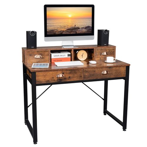 Stylish Old Wood Computer Desk with Black Steel Frame & Ample Storage Drawers