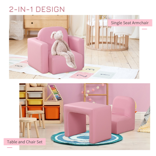 Versatile Pink Kids Sofa: 2-in-1 Chair & Table for Fun and Learning!