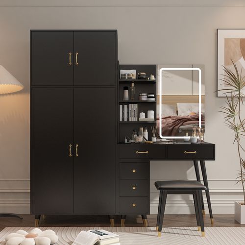 Chic Dual Makeup Vanity & Armoire Wardrobe Set with LED Mirror - Black