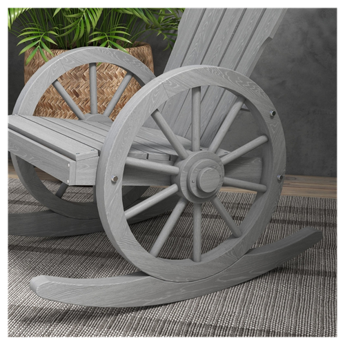 Cozy Gray Garden Rocking Chair with Unique Wagon Wheel Armrests