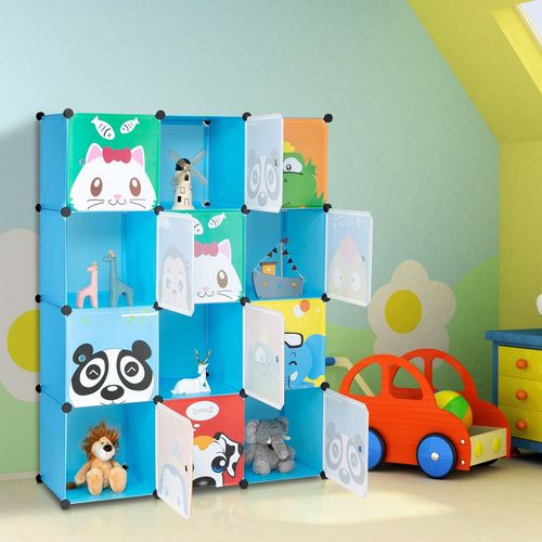 Kids' Animal Patterned Rubik's Cube Wardrobe with 12 Grids & Hanging Rods