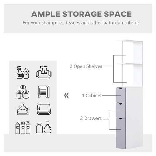 Modern Slim Bathroom Storage Cabinet with Shelves & Drawers - White MDF