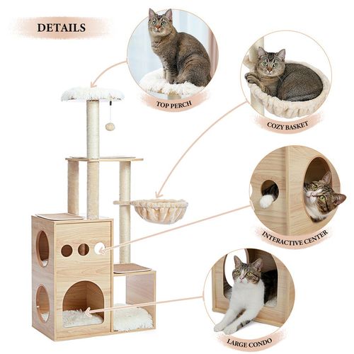 Elegant Cat Castle: Multi-Level Wooden Cat Tree with Cozy Condos & Hammock