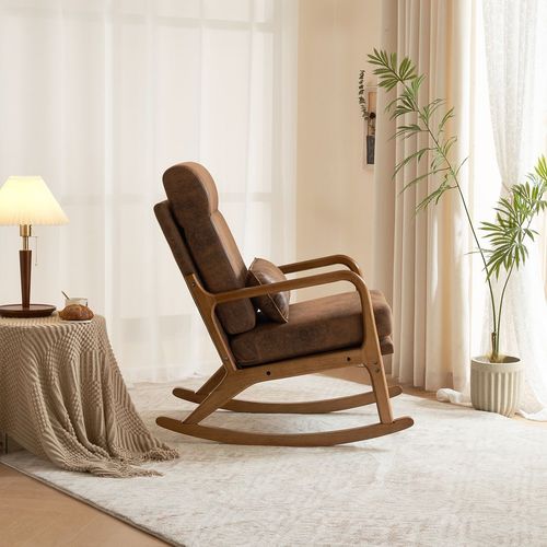 Ergonomic Solid Wood Indoor Rocking Chair with Orange Bronzing Cloth Accent