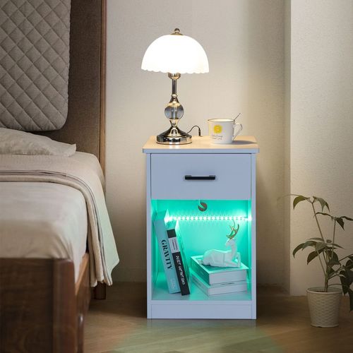 Elegant LED Light Bedside Table with USB & Wireless Charging - White Finish