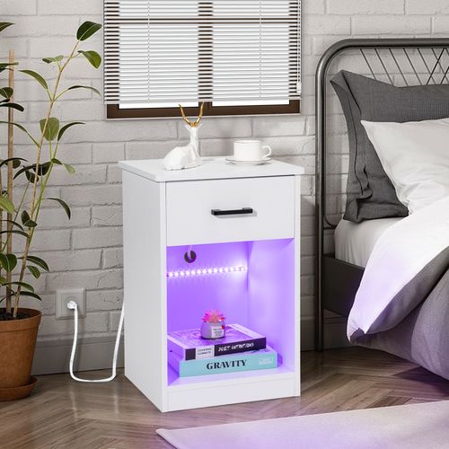 Elegant LED Light Bedside Table with USB & Wireless Charging - White Finish