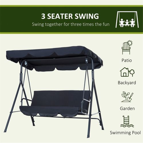 Stylish 3-Seat Black Patio Swing Chair with Adjustable Canopy & Cushions