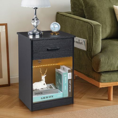 FCH Modern LED Bedside Table with Drawer & Socket - Stylish Black Nightstand