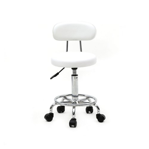 Adjustable Round Salon Stool with Backrest - Modern White Comfort