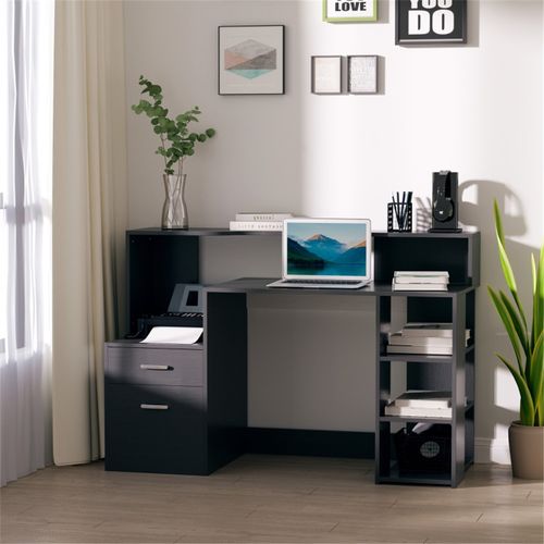 Sleek Black Office Computer Desk with Ample Storage & Space-Saving Design