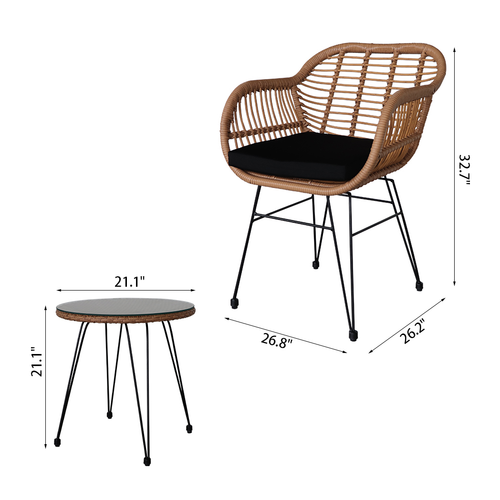 Oshion Flaxen Yellow 3-Piece Wicker Rattan Patio Set with Tempered Glass Table