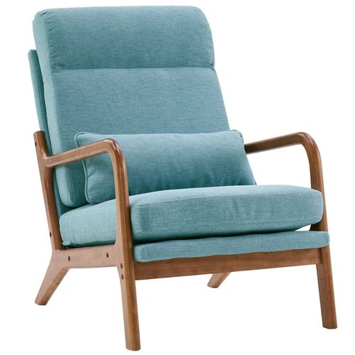 Teal Mid-Century Modern High Back Armchair with Solid Wood & Iron Frame