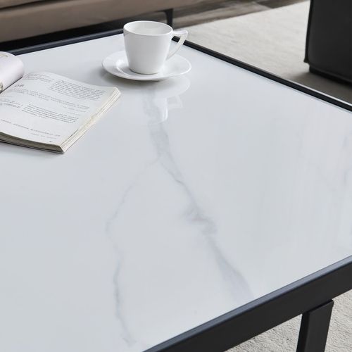 Minimalist Square Coffee Table: Sleek Black Metal Frame, Sintered Stone Top