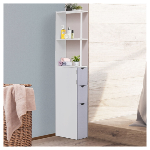 Modern Slim Bathroom Storage Cabinet with Shelves & Drawers - White MDF