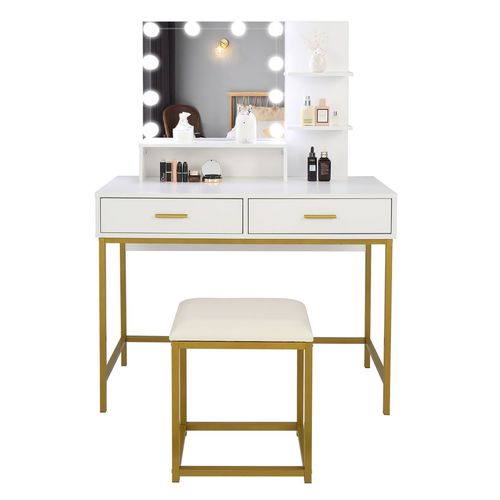 Illuminated Hollywood Vanity Set with LED Mirror, Stool & Ample Storage - White