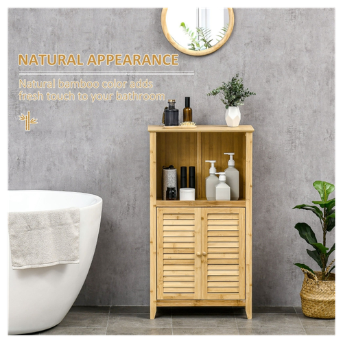 Elegant Bamboo Bathroom Floor Cabinet with Open & Closed Storage