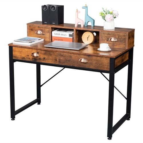 Stylish Old Wood Computer Desk with Black Steel Frame & Ample Storage Drawers