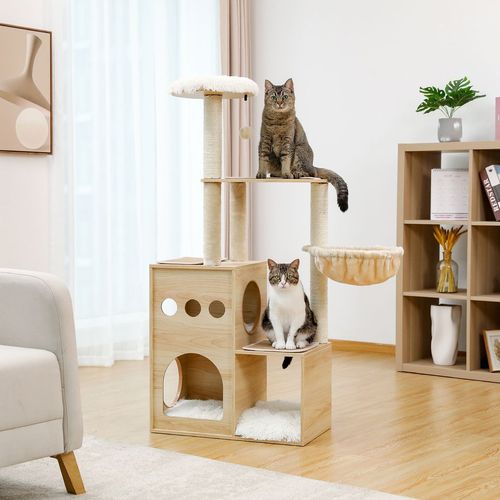 Elegant Cat Castle: Multi-Level Wooden Cat Tree with Cozy Condos & Hammock