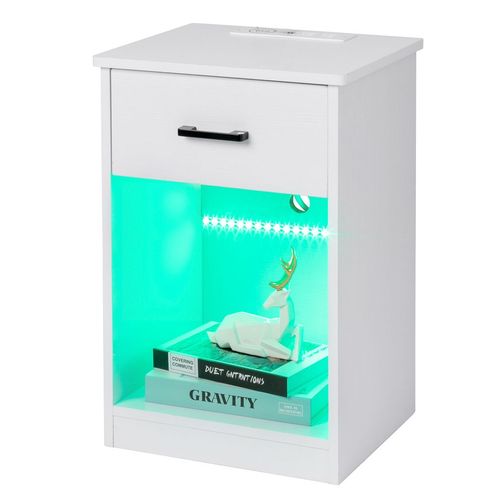 Elegant LED Light Bedside Table with USB & Wireless Charging - White Finish