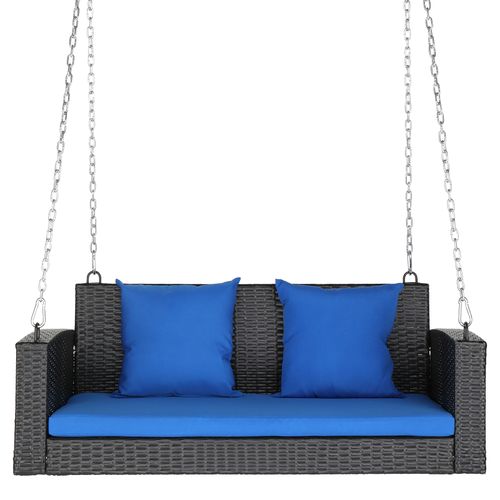 Stylish 49in Black Rattan Swing Chair with Comfortable Blue Cushions