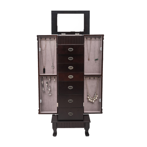 Sleek Brown Standing Jewelry Armoire with Makeup Mirror & 7 Drawer Organizer