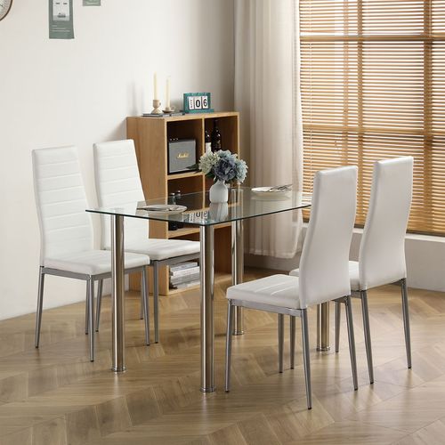 Elegant 110CM Tempered Glass Dining Table Set with 4 Chic Chairs