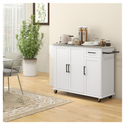 Elegant White Kitchen Cart & Storage Cabinet - Modern & Mobile Solution